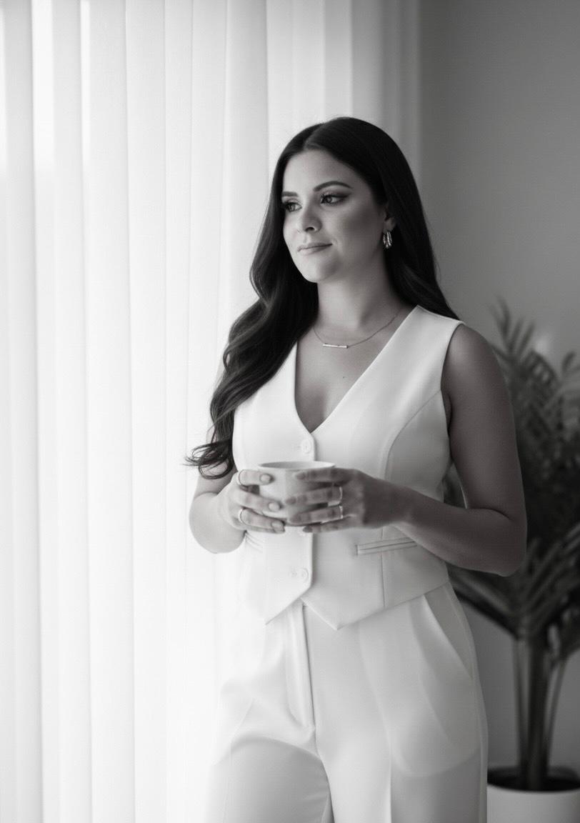 Fernanda Alvim do Valle em retrato profissional em preto e branco